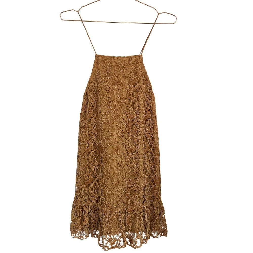 Free People Mustard Gold Lace Open Back‎ Mini Dress Ruffle Hem Womens Size XS